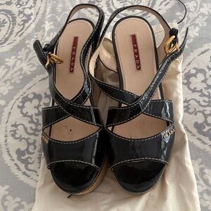 Prada Black Patent Leather Platform Slingback Sandals with Gold Buckle